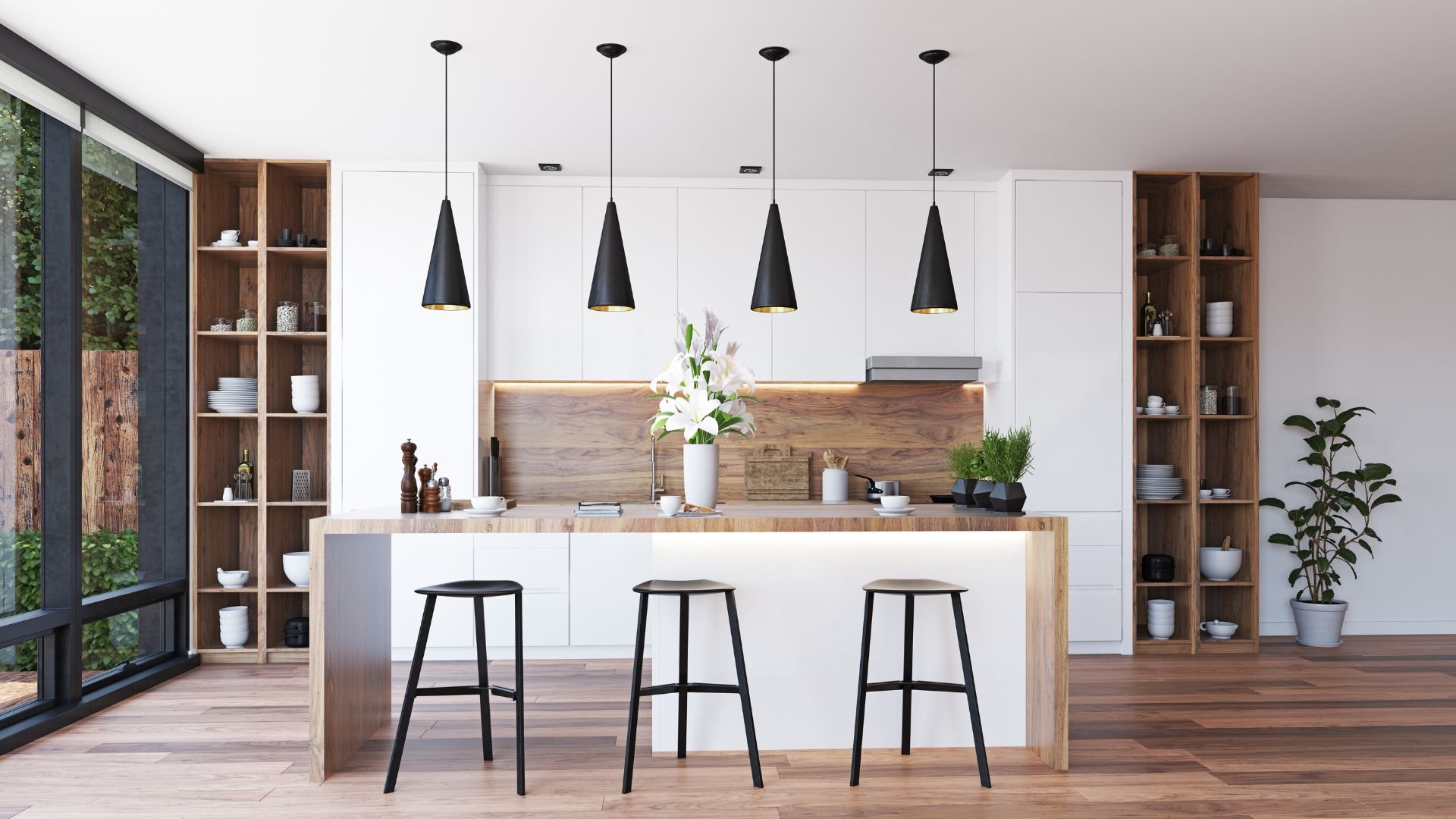 Modern kitchen with white cabinets, wooden elements, and black pendant lights